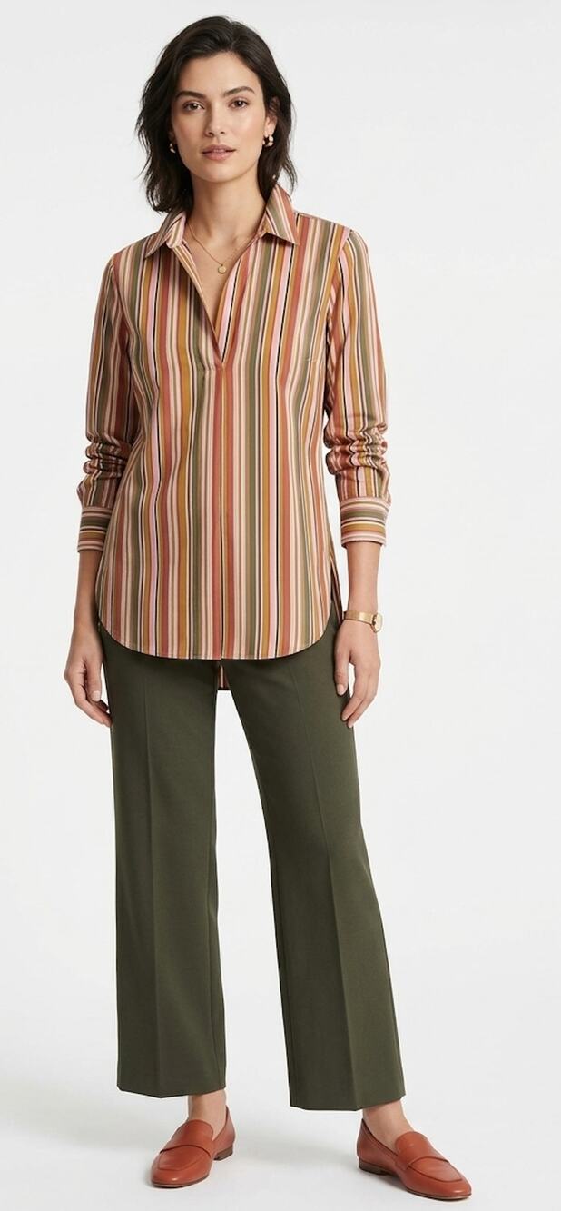 Lafayette 148 NY Striped Stretch Cotton Blend Popover Blouse Tunic Size 16